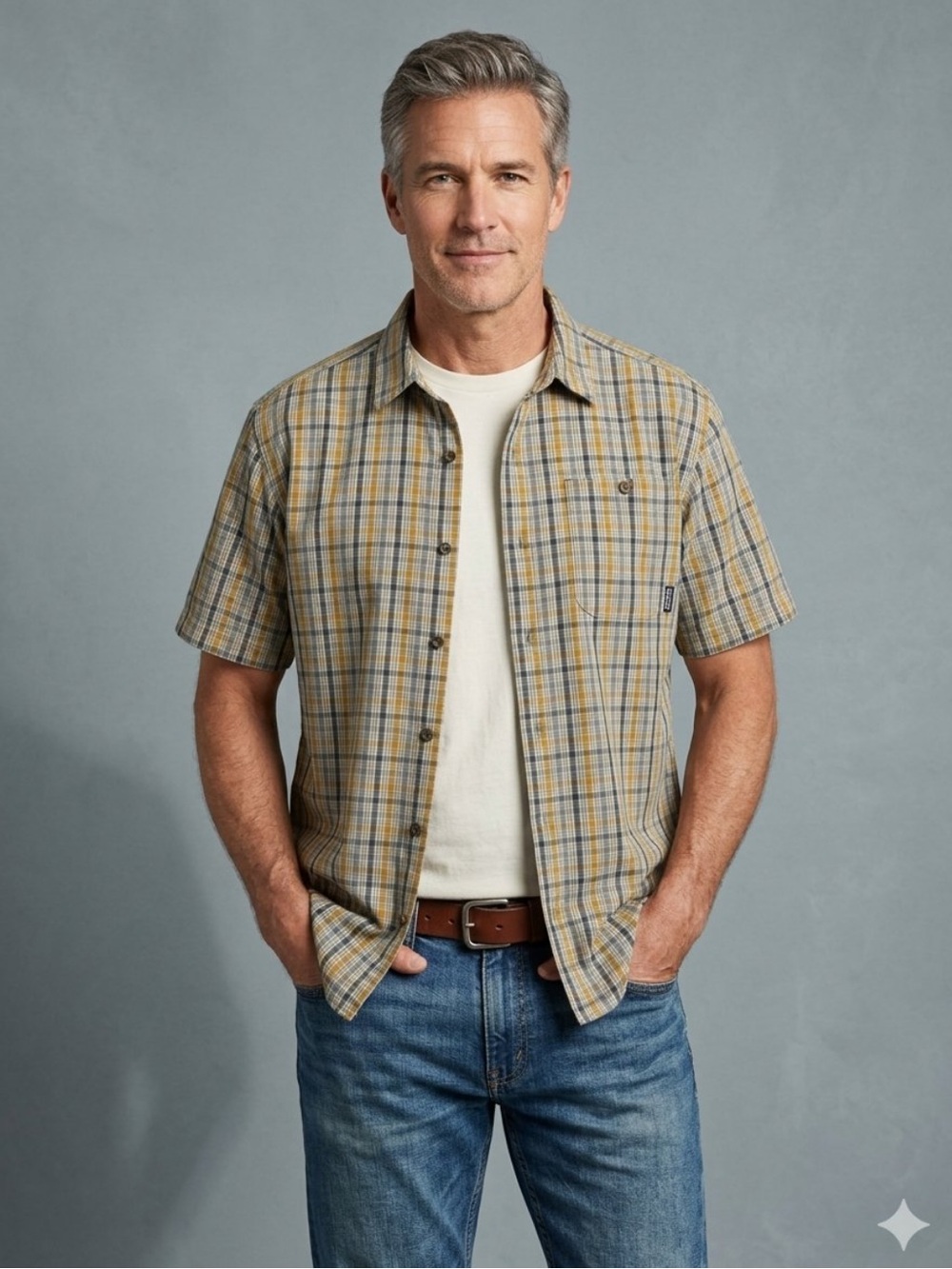 Patagonia Men's Short-Sleeved Puckerware Shirt Plaid Blue Yellow Gray